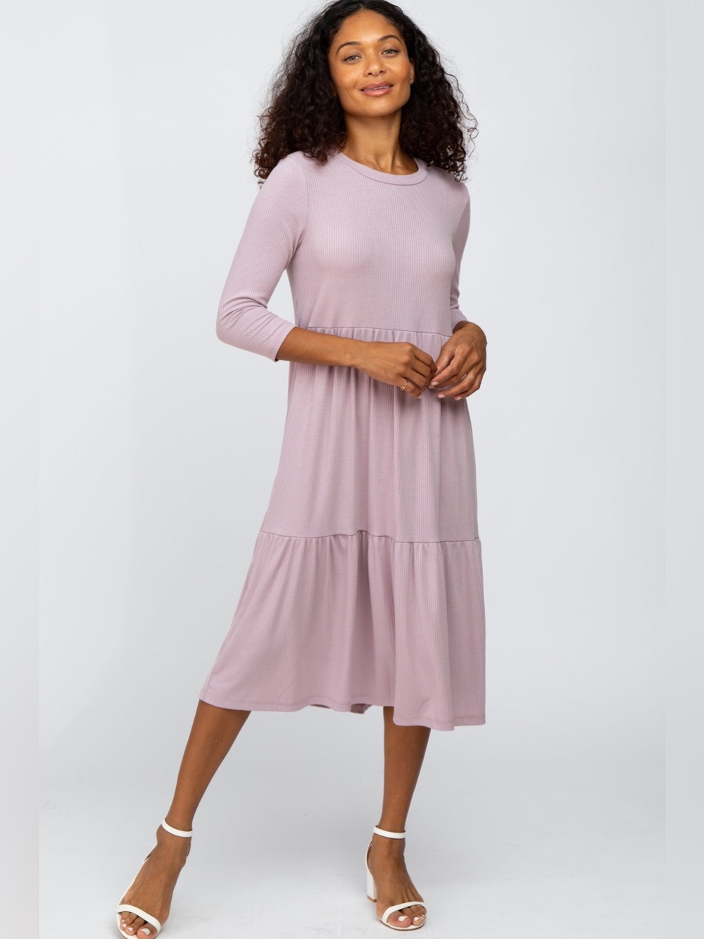 NLT Maternity Dress  Tiered Ribbed 3/4 Sleeve Midi Dress Size S